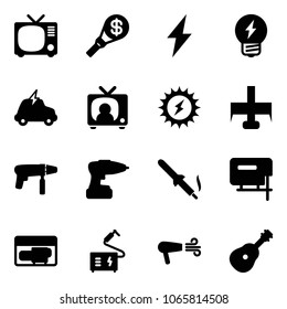 Solid vector icon set - tv vector, money torch, lightning, idea, electric car, news, sun power, milling cutter, drill machine, soldering iron, jig saw, generator, welding, dryer, guitar