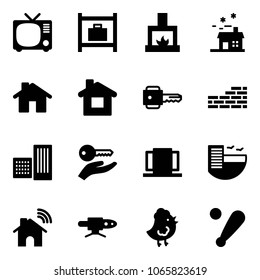 Solid vector icon set - tv vector, baggage room, fireplace, house, home, key, brick wall, building, hand, doors, hotel, wireless, pipe welding, chicken toy, baseball bat