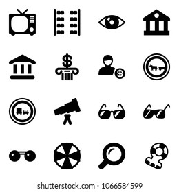 Solid vector icon set - tv vector, plane seats, eye, bank, account, no cart horse road sign, truck overtake, telescope, sunglasses, parasol, magnifier, teethers