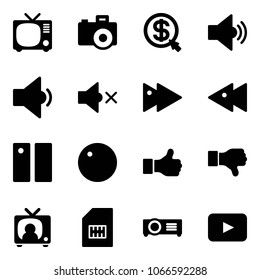 Solid Vector Icon Set - Tv Vector, Camera, Money Click, Volume Medium, Low, Off, Fast Forward, Backward, Pause, Record, Like, Dislike, News, Sim, Projector, Playback