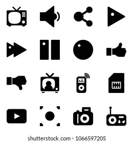 Solid vector icon set - tv vector, low volume, share, play, fast forward, pause, record, like, dislike, news, music player, sim, playback, button, camera, radio