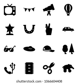 Solid vector icon set - tv vector, flag garland, telescope, air balloon, award, luck, victory, limousine, sunglasses, woman hat, cap, forest, phone, chip, scissors, elephant wheel