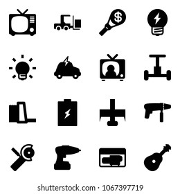Solid vector icon set - tv vector, fork loader, money torch, idea, bulb, electric car, news, gyroscope, water power plant, battery, milling cutter, drill machine, Angular grinder, generator, guitar