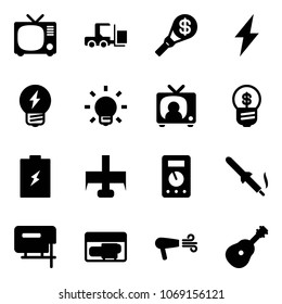 Solid vector icon set - tv vector, fork loader, money torch, lightning, idea, bulb, news, business, battery, milling cutter, multimeter, soldering iron, jig saw, generator, dryer, guitar