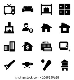 Solid vector icon set - tv vector, vip waiting area, baggage room, fireplace, account, home, building, dollar, sea hotel, monoblock pc, saw, pipe welding, baseball bat, toy block house