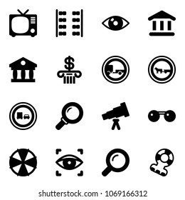 Solid vector icon set - tv vector, plane seats, eye, bank, no trailer road sign, cart horse, truck overtake, magnifier, telescope, sunglasses, parasol, scanner, teethers