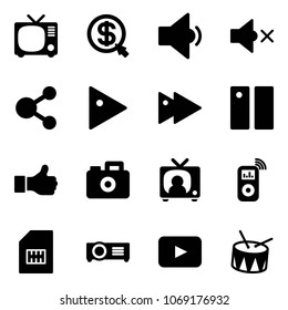 Solid vector icon set - tv vector, money click, low volume, off, share, play, fast forward, pause, like, camera, news, music player, sim, projector, playback, drum