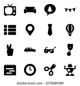 Solid vector icon set - tv vector, vip waiting area, merry christmas message, flag garland, menu, map pin, tie, air balloon, victory, limousine, sunglasses, piston, terms plan, clock, scissors