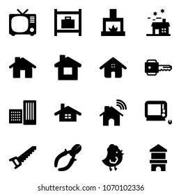 Solid vector icon set - tv vector, baggage room, fireplace, house, home, key, building, wireless, monoblock pc, saw, side cutters, chicken toy, block