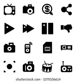 Solid vector icon set - tv vector, camera, money click, share, play, fast forward, pause, dislike, music player, sim, projector, record button, drum, radio