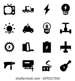 Solid vector icon set - tv vector, fork loader, lightning, idea, bulb, electric car, business, gyroscope, sun power, water plant, battery, milling cutter, drill machine, jig saw, welding, guitar