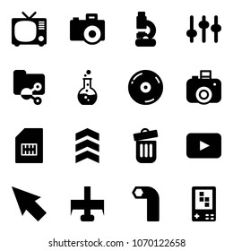 Solid vector icon set - tv vector, camera, lab, settings, shared folder, round flask, cd, sim, chevron, trash bin, playback, cursor, milling cutter, allen key, game console