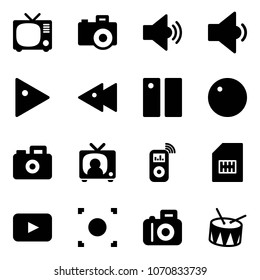 Solid vector icon set - tv vector, camera, volume medium, low, play, fast backward, pause, record, news, music player, sim, playback, button, drum