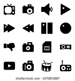 Solid vector icon set - tv vector, camera, low volume, play, fast forward, backward, pause, record, dislike, sim, projector, playback, drum, radio