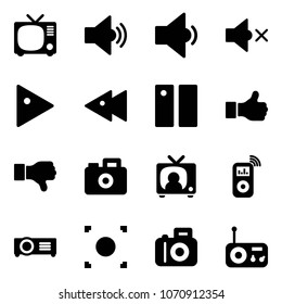 Solid vector icon set - tv vector, volume medium, low, off, play, fast backward, pause, like, dislike, camera, news, music player, projector, record button, radio