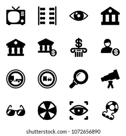 Solid vector icon set - tv vector, plane seats, eye, bank, account, no trailer road sign, truck overtake, magnifier, telescope, sunglasses, parasol, scanner, teethers
