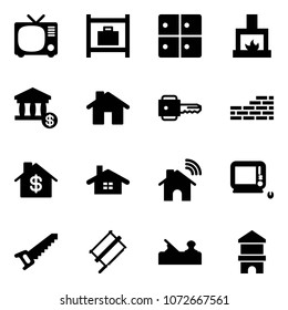 Solid vector icon set - tv vector, baggage room, fireplace, account, home, key, brick wall, dollar, wireless, monoblock pc, saw, bucksaw, jointer, toy block house