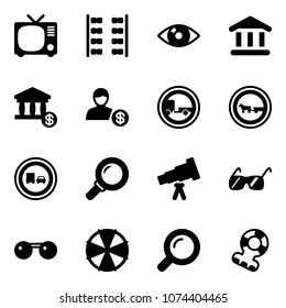 Solid vector icon set - tv vector, plane seats, eye, bank, account, no trailer road sign, cart horse, truck overtake, magnifier, telescope, sunglasses, parasol, teethers