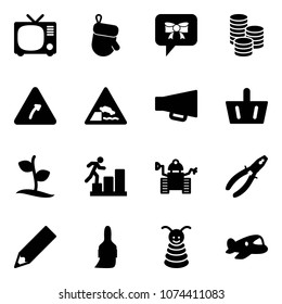 Solid vector icon set - tv vector, christmas glove, bow message, coin, turn right road sign, embankment, loudspeaker, basket, sproute, career, robot, pliers, pencil, brush, pyramid toy, plane