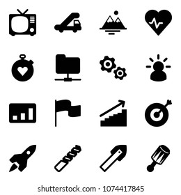 Solid vector icon set - tv vector, trap truck, mountains, heart pulse, stopwatch, network folder, gears, idea, statistics, flag, growth, target, rocket, drill, tile, beanbag