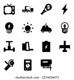 Solid vector icon set - tv vector, fork loader, money torch, lightning, idea, bulb, electric car, business, gyroscope, water power plant, battery, milling cutter, Angular grinder, multimeter