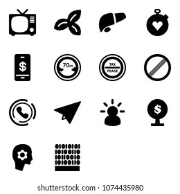 Solid vector icon set - tv vector, three leafs, liver, stopwatch heart, mobile payment, limited distance road sign, tax peage, no limit, phone horn, paper plane, idea, money tree, brain work