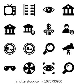 Solid vector icon set - tv vector, plane seats, eye, bank, account, no trailer road sign, truck overtake, magnifier, telescope, sunglasses, parasol, scanner