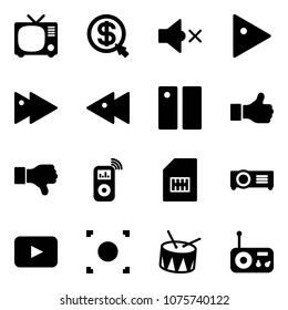 Solid vector icon set - tv vector, money click, volume off, play, fast forward, backward, pause, like, dislike, music player, sim, projector, playback, record button, drum, radio
