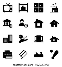 Solid vector icon set - tv vector, baggage room, house, account, home, building, key hand, doors, sea hotel, bucksaw, jointer, baseball bat