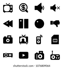 Solid vector icon set - tv vector, money click, low volume, off, fast backward, pause, record, dislike, camera, news, music player, sim, projector, playback, radio