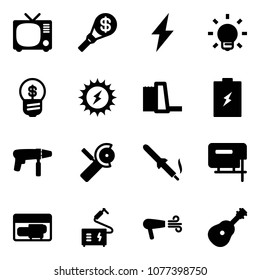 Solid vector icon set - tv vector, money torch, lightning, bulb, business idea, sun power, water plant, battery, drill machine, Angular grinder, soldering iron, jig saw, generator, welding, dryer