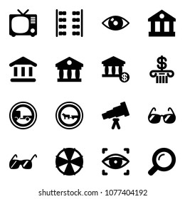 Solid vector icon set - tv vector, plane seats, eye, bank, account, no trailer road sign, cart horse, telescope, sunglasses, parasol, scanner, magnifier