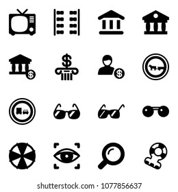 Solid vector icon set - tv vector, plane seats, bank, account, no cart horse road sign, truck overtake, sunglasses, parasol, eye scanner, magnifier, teethers