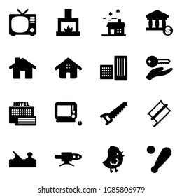 Solid vector icon set - tv vector, fireplace, house, account, home, building, key hand, sea hotel, monoblock pc, saw, bucksaw, jointer, pipe welding, chicken toy, baseball bat
