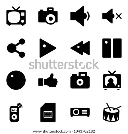 Solid vector icon set - tv vector, camera, low volume, off, share, play, fast backward, pause, record, like, news, music player, sim, projector, drum