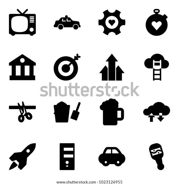 Solid vector icon\
set - tv vector, safety car, heart gear, stopwatch, bank, target,\
arrows up, cloud ladder, opening, bucket scoop, beer, exchange\
data, rocket, server,\
beanbag