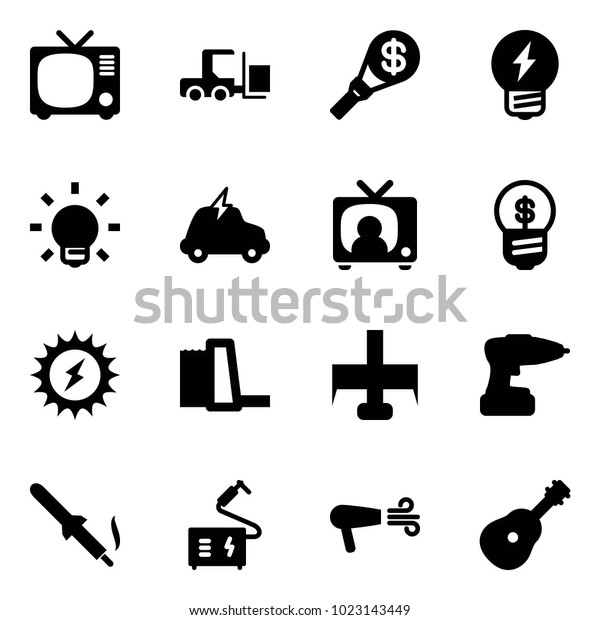 Solid vector icon set - tv vector, fork loader,
money torch, idea, bulb, electric car, news, business, sun power,
water plant, milling cutter, drill, soldering iron, welding, dryer,
guitar