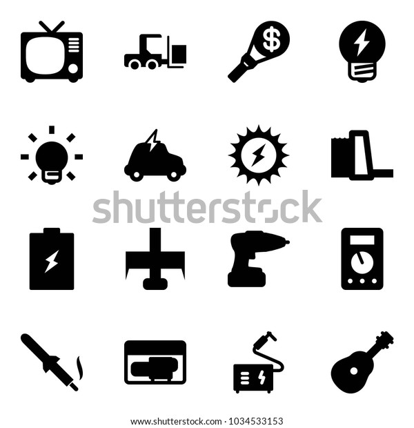 Solid vector icon set - tv vector, fork loader,\
money torch, idea, bulb, electric car, sun power, water plant,\
battery, milling cutter, drill, multimeter, soldering iron,\
generator, welding,\
guitar