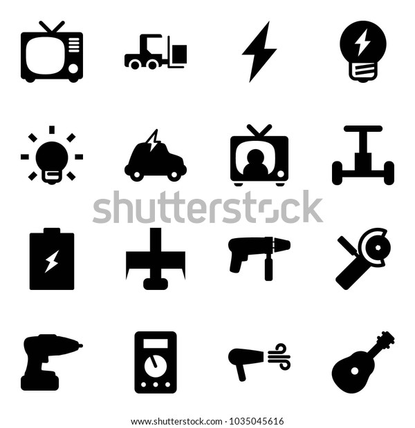 Solid\
vector icon set - tv vector, fork loader, lightning, idea, bulb,\
electric car, news, gyroscope, battery, milling cutter, drill\
machine, Angular grinder, multimeter, dryer,\
guitar