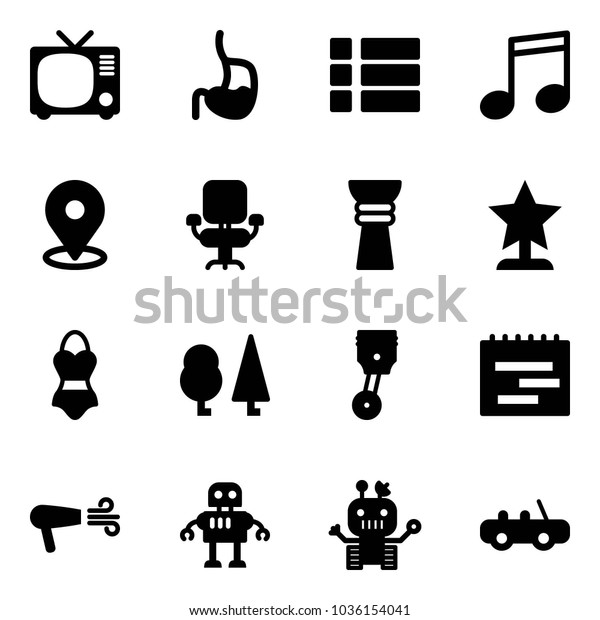 Solid vector icon set - tv vector, stomach, menu,\
music, map pin, office chair, award, swimsuit, forest, piston,\
terms plan, dryer, robot, toy\
car