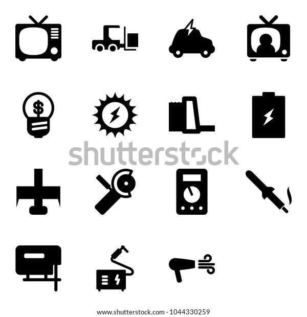 Solid vector icon set - tv vector, fork loader,
electric car, news, business idea, sun power, water plant, battery,
milling cutter, Angular grinder, multimeter, soldering iron, jig
saw, welding