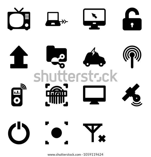 Solid vector icon set - tv vector, notebook
connect, monitor cursor, unlocked, uplooad, shared folder, electric
car, antenna, music player, fingerprint scanner, satellite, standby
button, record