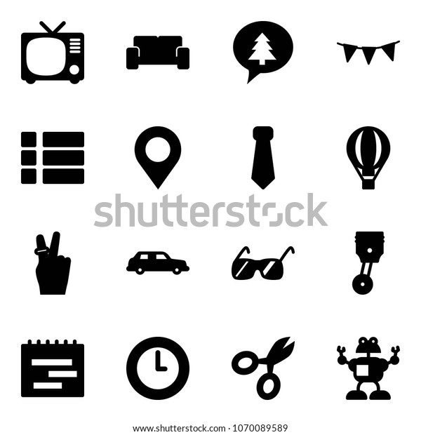 Solid vector icon set - tv vector, vip waiting
area, merry christmas message, flag garland, menu, map pin, tie,
air balloon, victory, limousine, sunglasses, piston, terms plan,
clock, scissors