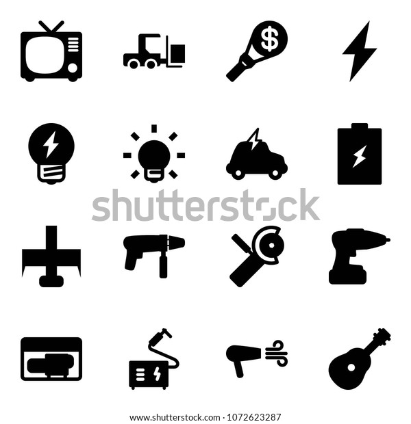 Solid\
vector icon set - tv vector, fork loader, money torch, lightning,\
idea, bulb, electric car, battery, milling cutter, drill machine,\
Angular grinder, generator, welding, dryer,\
guitar
