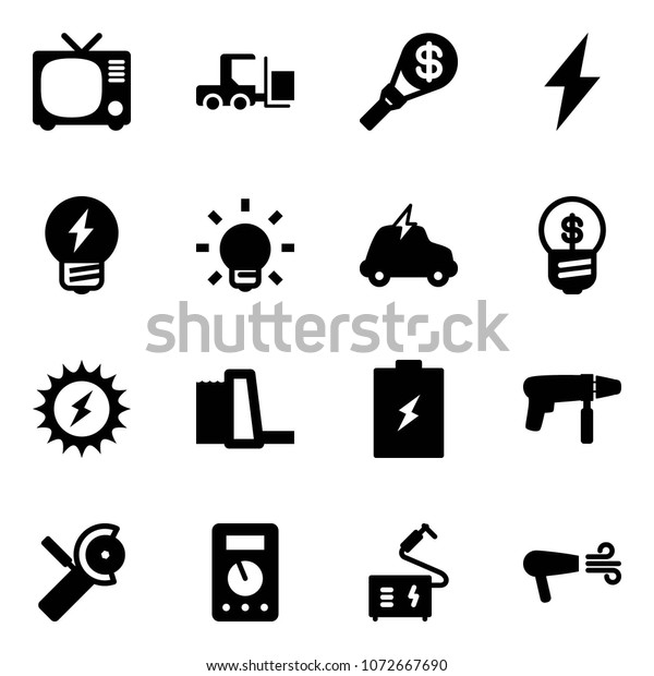 Solid vector icon set - tv vector, fork loader,
money torch, lightning, idea, bulb, electric car, business, sun
power, water plant, battery, drill machine, Angular grinder,
multimeter, welding
