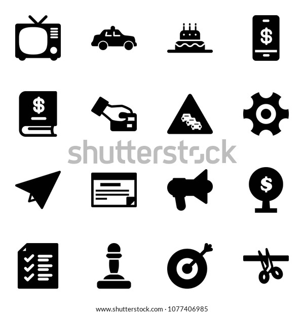 Solid vector icon set - tv vector, safety car,\
cake, mobile payment, annual report, card pay, multi lane traffic\
road sign, gear, paper plane, schedule, megaphone, money tree,\
list, pawn, target