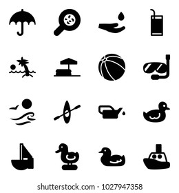 Solid vector icon set - umbrella vector, bacteria, drop hand, drink, palm, inflatable pool, ball, diving, waves, kayak, oiler, duck toy, sailboat, boat