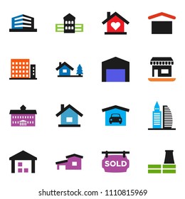 solid vector icon set - university vector, school building, office, dry cargo, warehouse, house, cottage, chalet, garage, barn, sold signboard, apartments, love home, factory