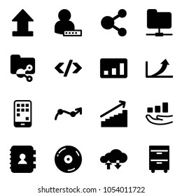 Solid vector icon set - uplooad vector, user password, share, network folder, shared, tag code, statistics, growth arrow, mobile, chart point, contact book, cd, cloud exchange data, tool cabinet