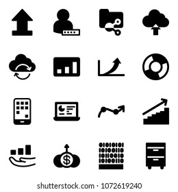 Solid vector icon set - uplooad vector, user password, shared folder, upload cloud, refresh, statistics, growth arrow, circle chart, mobile, monitor, point, dollar, binary code, tool cabinet